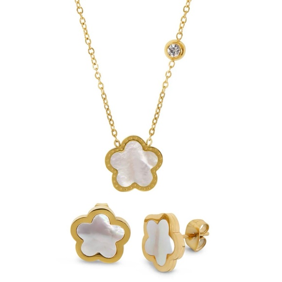 White clover shell earring and necklace set (gold) - Picture 1 of 9